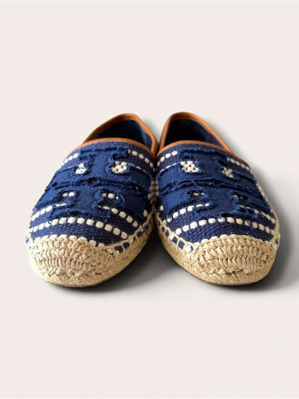 Tory Burch Navy and Cream Woven Espadrille Flats